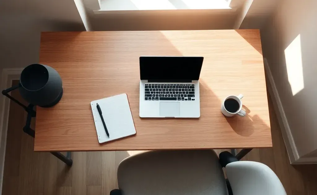 Modern home office workspace with laptop and natural lighting