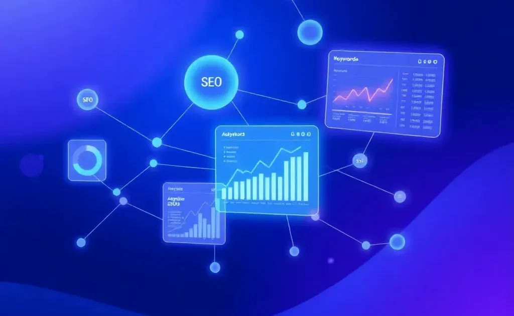 Abstract digital analytics visualization with interconnected data nodes and glowing metrics