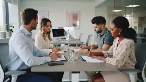 Business team collaborating and discussing strategy around a table