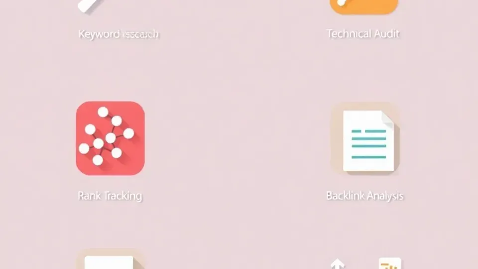 Grid showing six SEO tool categories with abstract symbolic icons