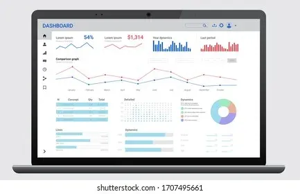 Computer screen displaying analytics dashboard with colorful charts and data visualizations