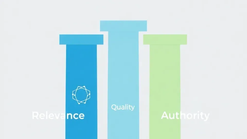 Three interconnected pillars representing SEO fundamentals: relevance, quality, and authority