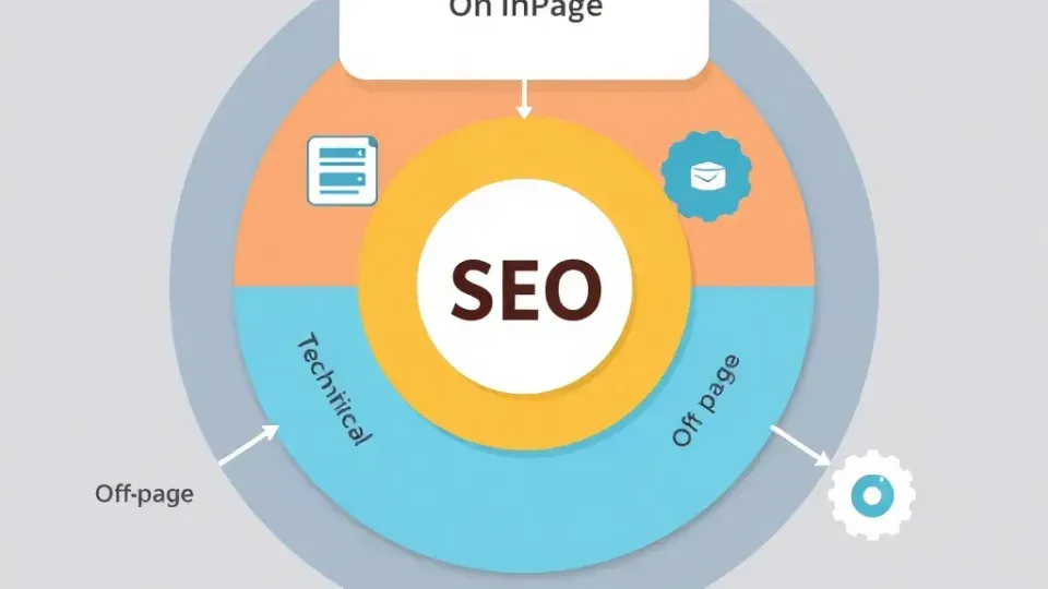 Three SEO pillars—on-page, technical, and off-page—shown as interconnected components