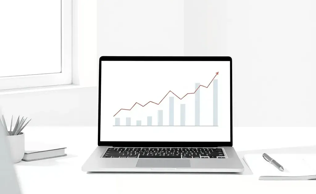 Minimalist workspace with laptop showing analytics trends and upward growth visualization