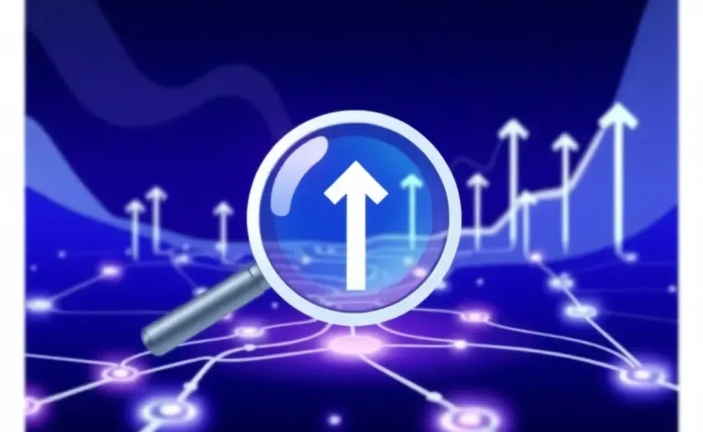 Abstract illustration of magnifying glass over digital data with upward trends