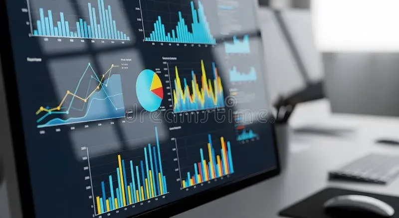 Computer monitor showing analytics dashboard with charts and metrics