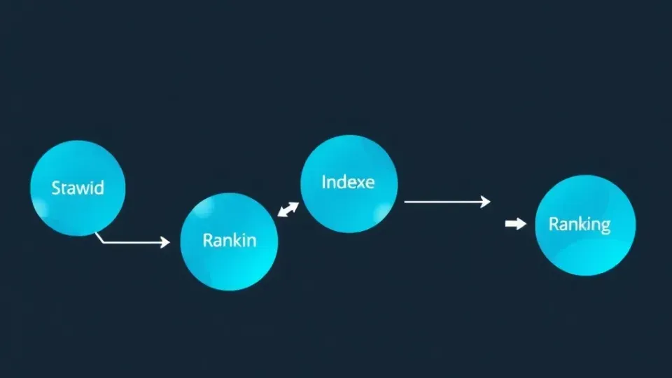 Three-stage flowchart diagram showing crawling, indexing, and ranking stages of SEO process
