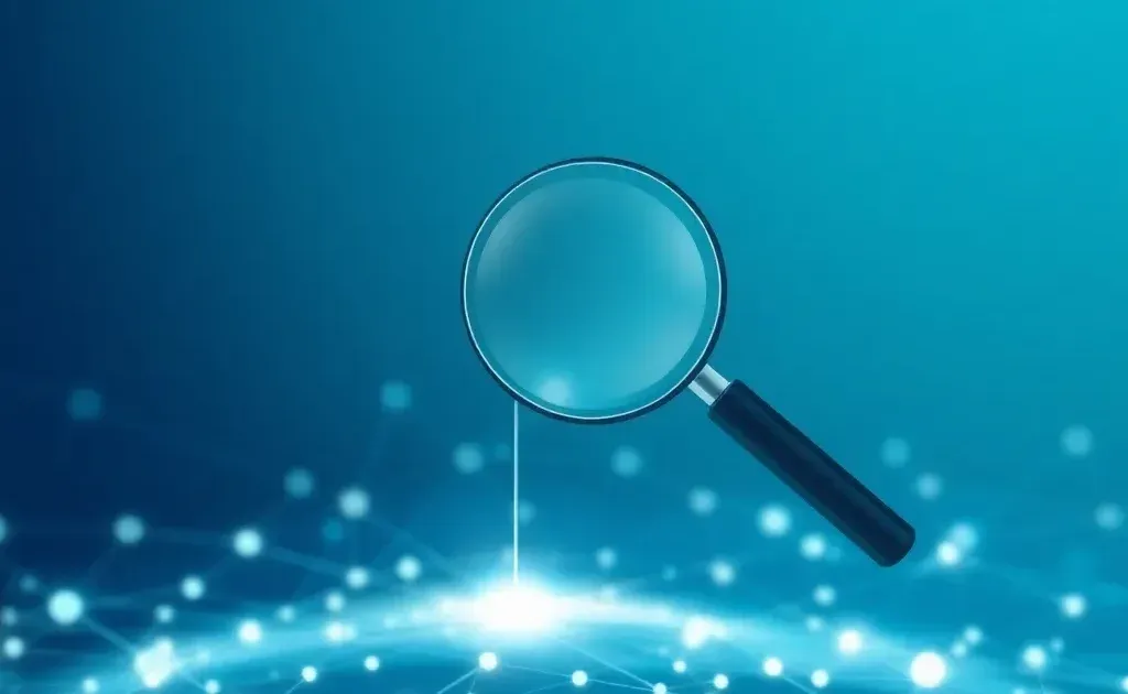 Abstract digital illustration of magnifying glass over interconnected data nodes representing search optimization
