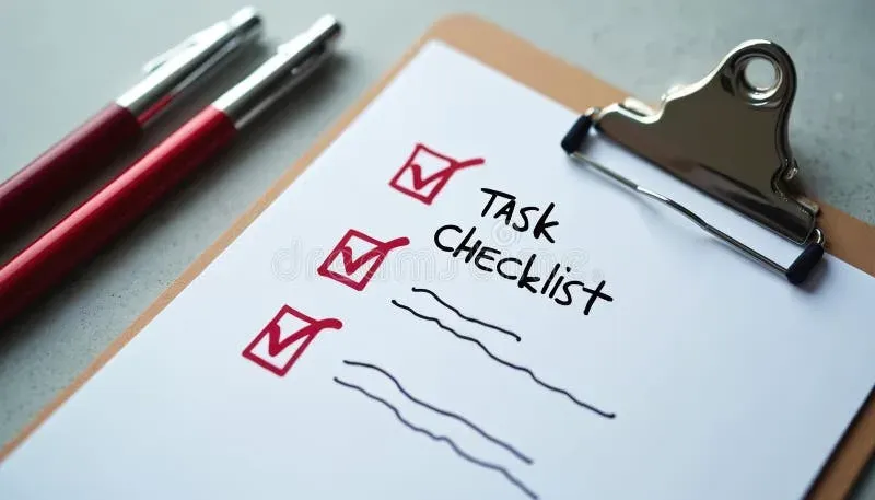 Checklist on paper with pen showing completed and pending items