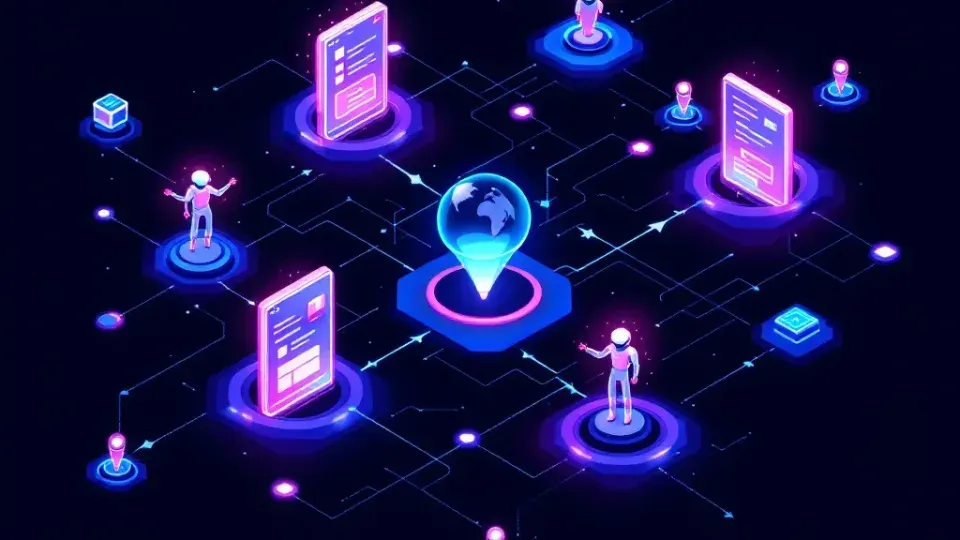 Stylized visualization of web crawlers moving through interconnected website pages