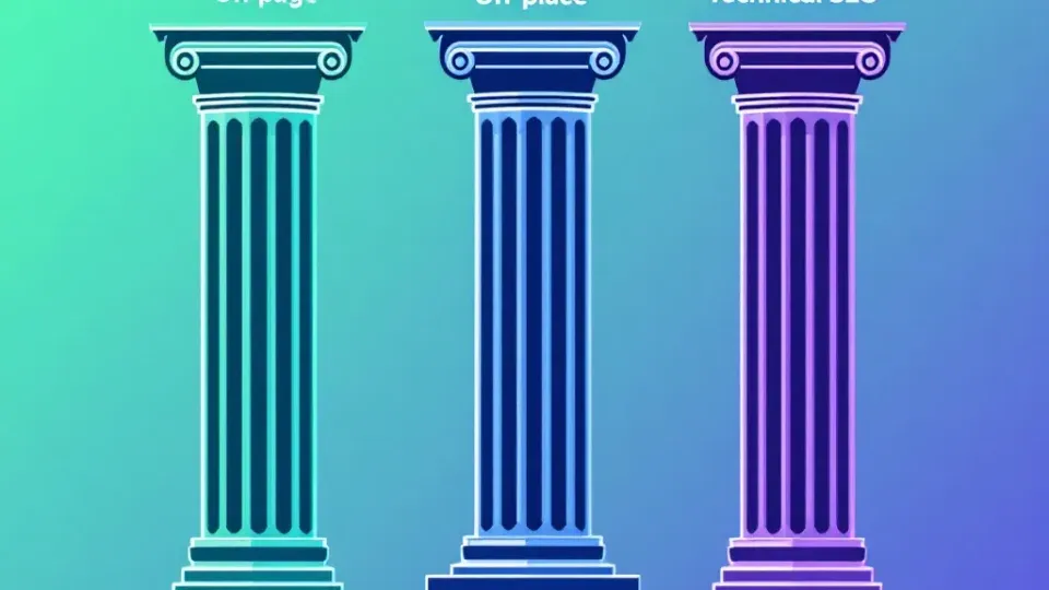 Three pillars representing the core components of SEO standing on a solid foundation