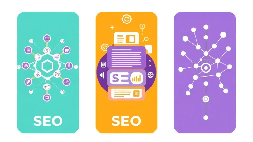 Three vertical sections illustrating Technical, On-Page, and Off-Page SEO types with geometric shapes