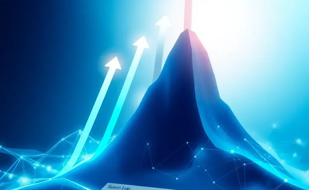 Abstract digital landscape with upward arrows and glowing pathways representing SEO growth
