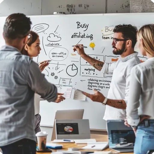 Business team members collaborating and discussing strategy in a meeting
