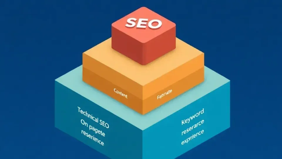 Isometric infographic showing layered SEO techniques and their relationships