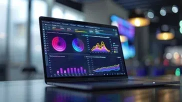 Laptop displaying analytics dashboard with performance metrics and charts