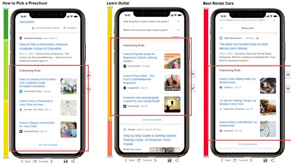 Mobile phone screen showing search engine results listings