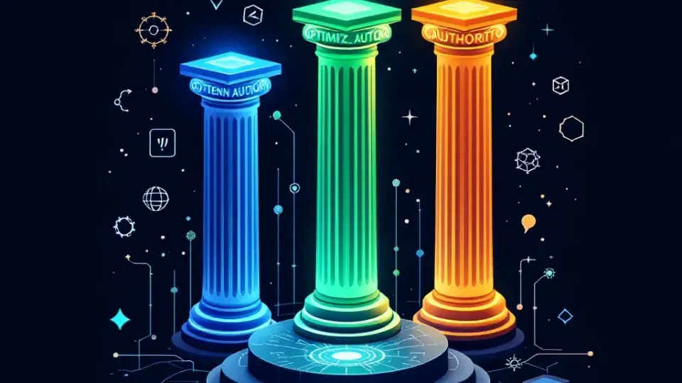 Three pillars representing technical, content, and authority SEO components
