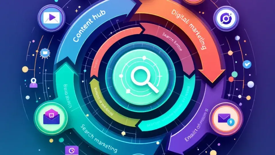 Interconnected digital marketing ecosystem with SEO at the center