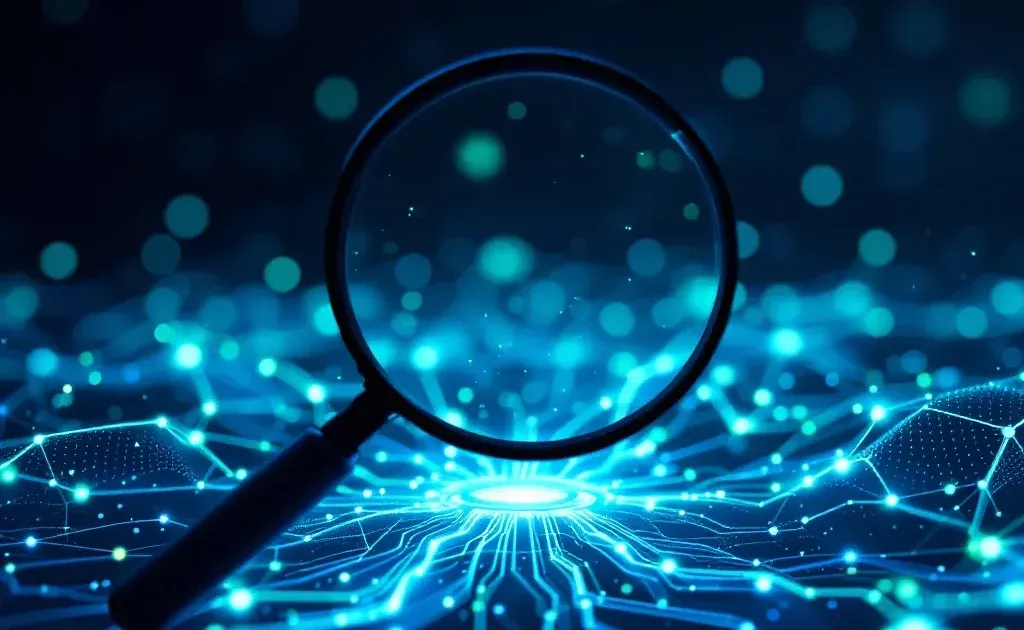 Abstract digital network with magnifying glass symbolizing SEO search optimization