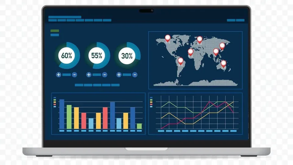Laptop displaying analytics dashboard with performance metrics and charts
