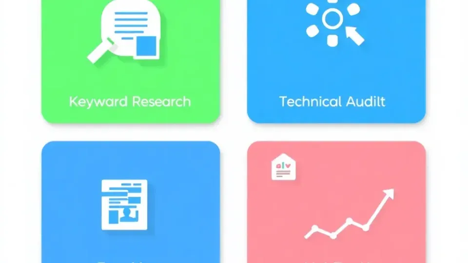 Grid of four colored cards representing different SEO tool categories