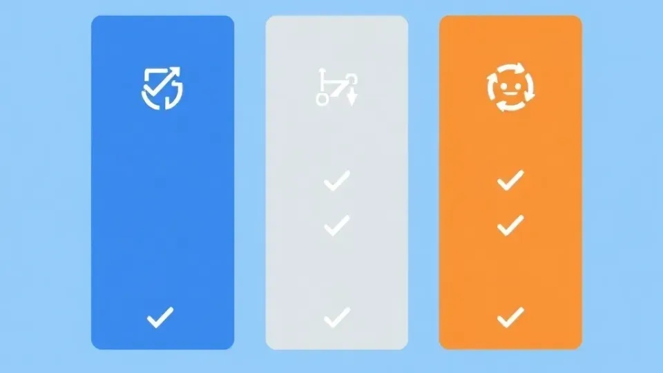 Three-column comparison layout with abstract symbols for different SEO tools