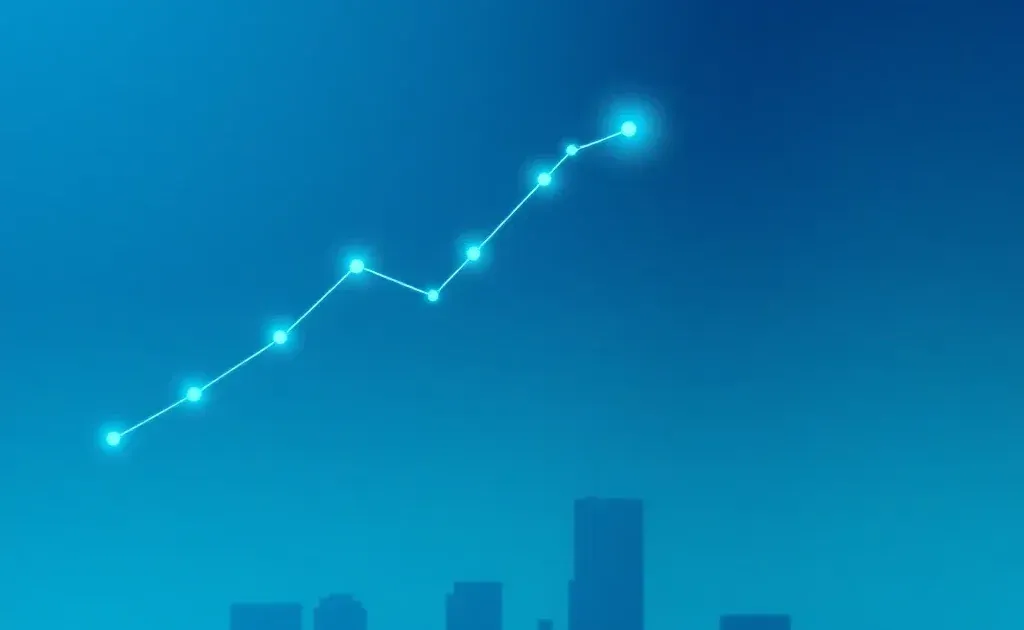 Abstract digital landscape with upward trending graph and glowing nodes representing SEO growth