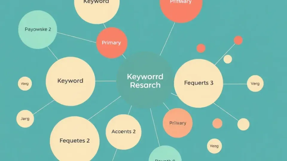 Network diagram of interconnected keyword nodes showing relationships and search patterns
