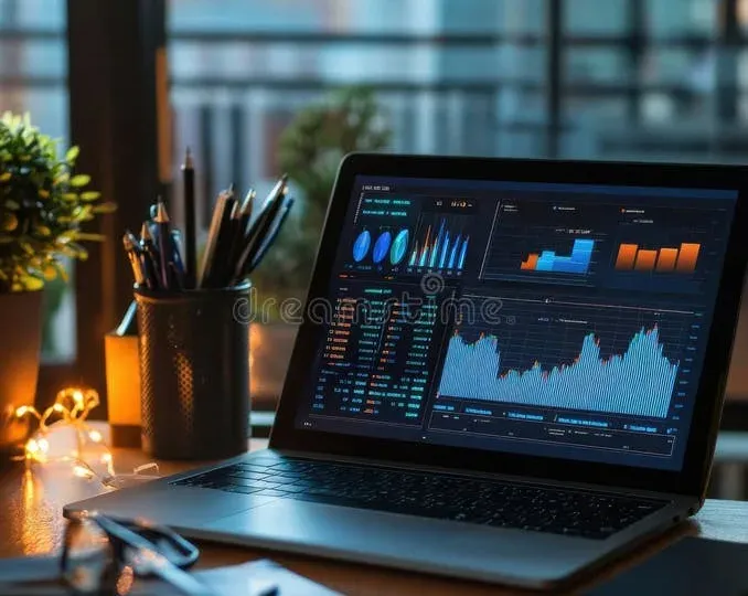 Workspace with laptop showing analytics dashboard, notebook, and coffee on wooden desk