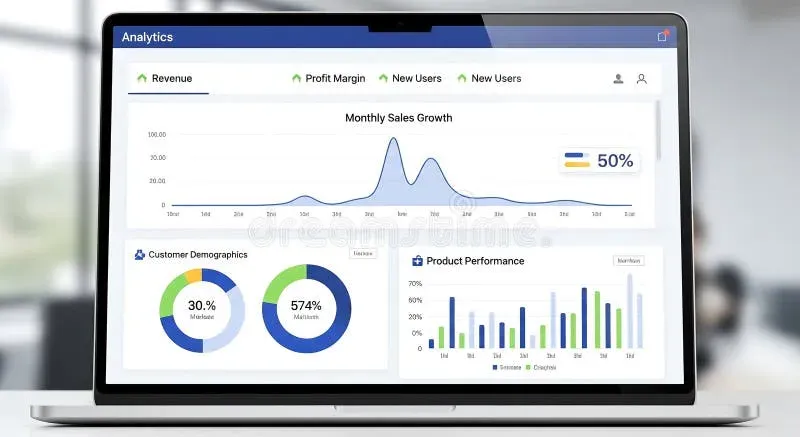 Analytics dashboard on computer screen showing performance metrics and growth charts