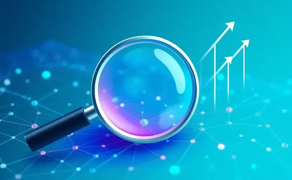 Abstract representation of search engine optimization with magnifying glass and data nodes