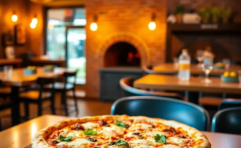 Modern pizzeria interior with fresh pizza on wooden board and brick oven
