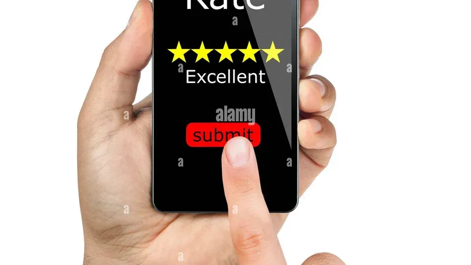Smartphone screen showing five-star rating and customer review interface