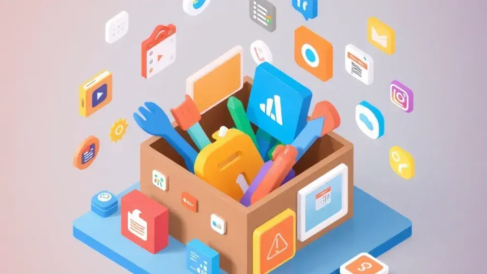 Organized toolbox with abstract shapes representing various digital marketing tools and strategies