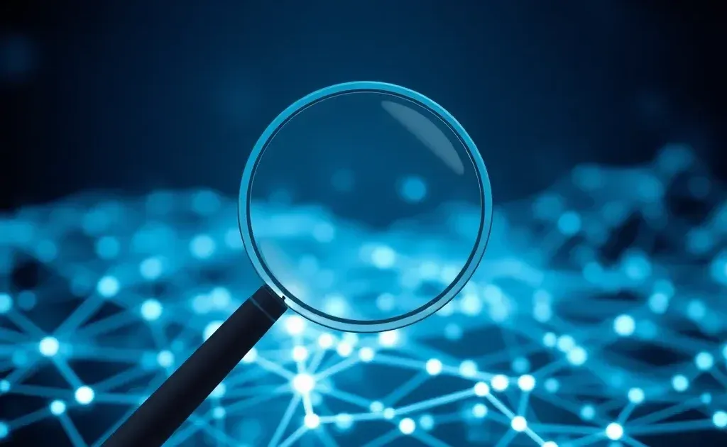 Abstract digital network with magnifying glass symbolizing search optimization