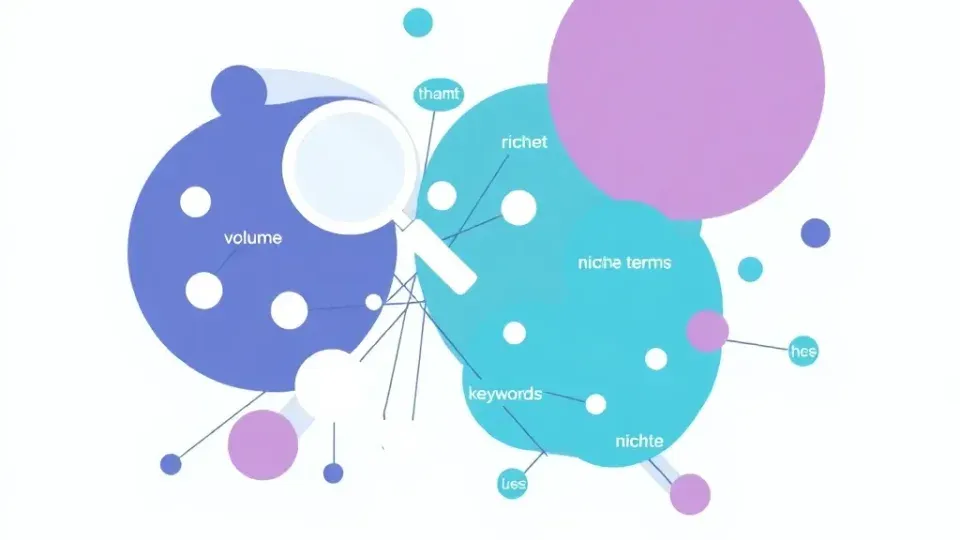 Abstract network diagram representing keyword research and search volume relationships