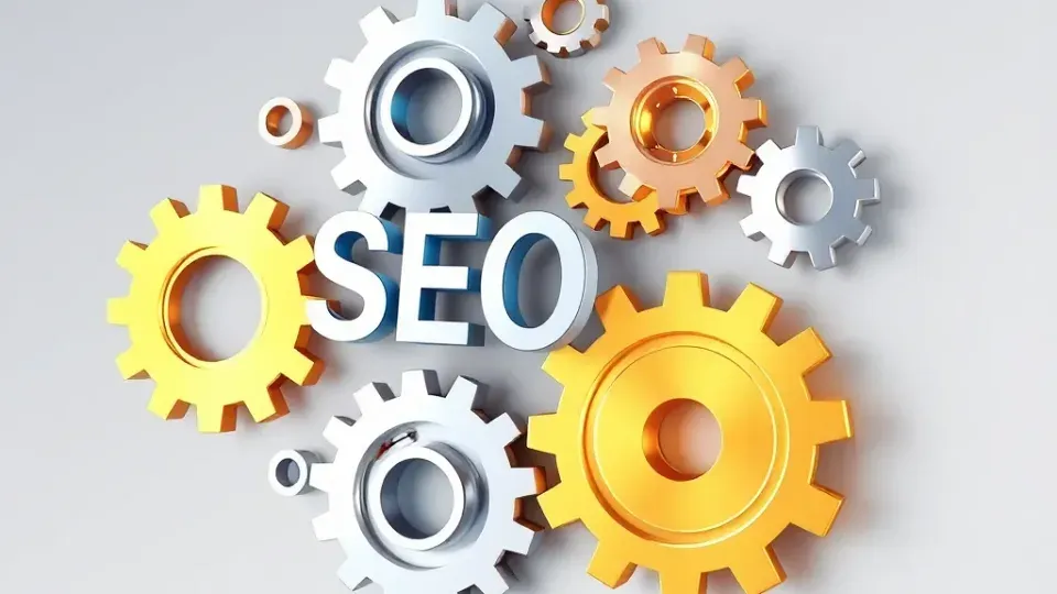 Interconnected gears and cogs representing technical SEO optimization and website mechanics