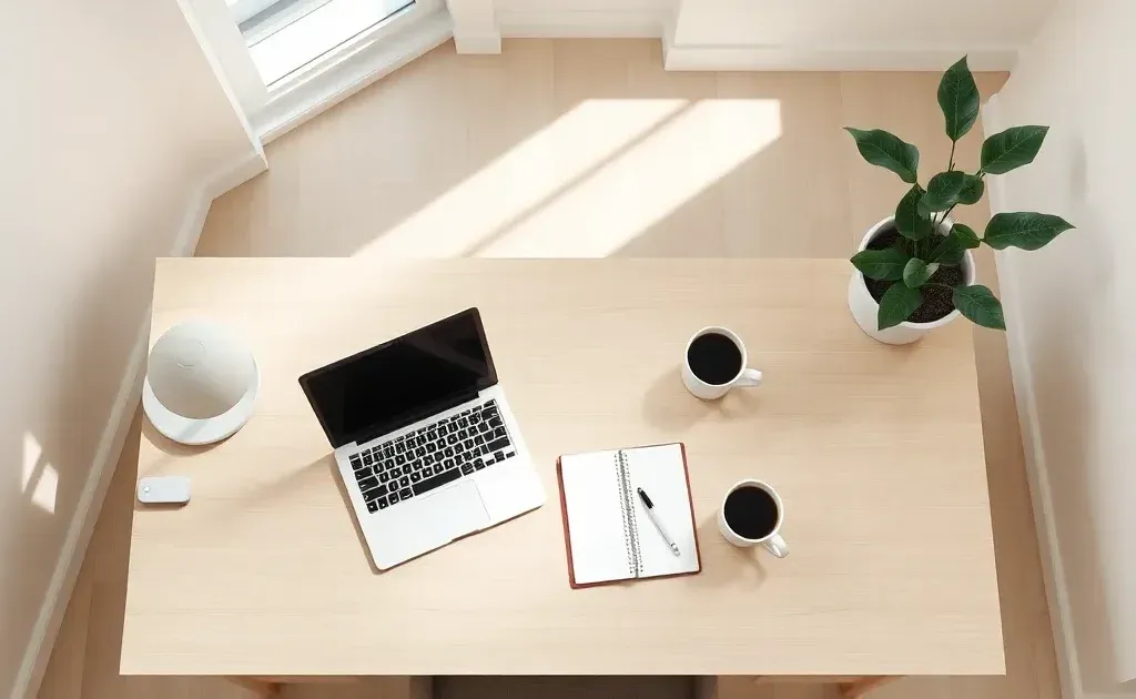 Minimalist home office desk with laptop and learning materials in natural light