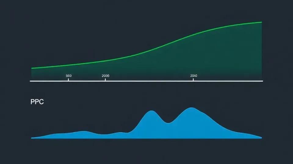 Timeline comparison showing SEO gradual growth versus PPC immediate results