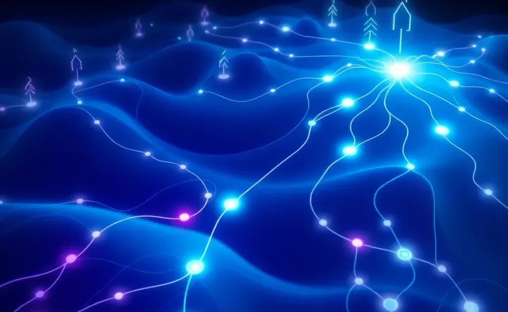 Abstract digital pathways representing different marketing channels branching outward