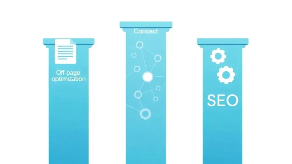 Three pillars representing on-page, off-page, and technical SEO types
