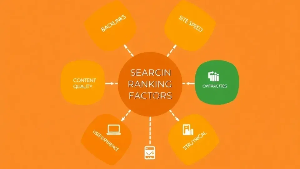 Diagram showing interconnected SEO ranking factors radiating from central hub