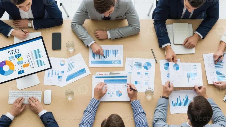 Business team reviewing analytics data and performance charts together