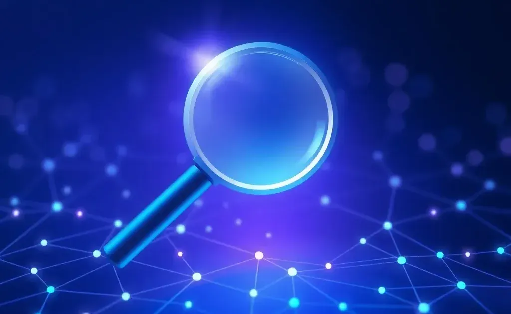 Abstract digital search and optimization concept with magnifying glass and data nodes