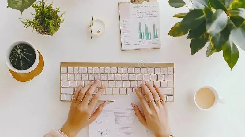 Person's hands typing on keyboard at workspace desk