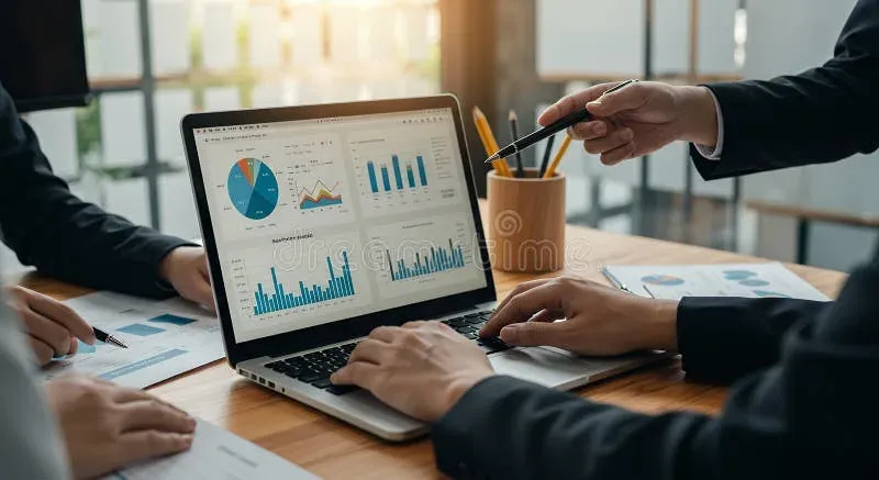 Business team reviewing analytics and data on laptop during meeting