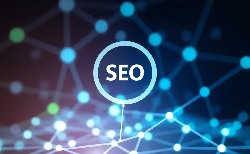 Abstract digital network visualization with magnifying glass representing SEO optimization