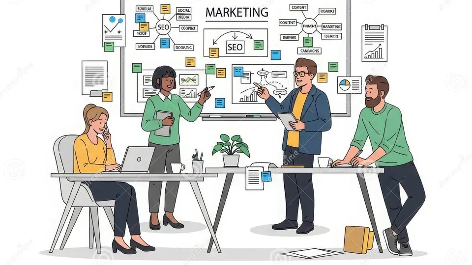 Digital marketing team collaborating on strategy discussion