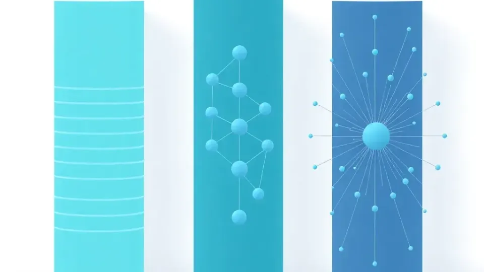 Three geometric pillars representing on-page, technical, and off-page SEO components